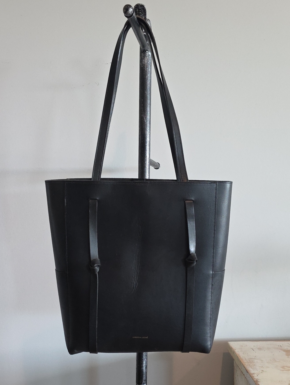 Janessa Leone Black Leather Tote Bag with Knot Strap Detail